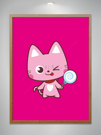 卡通可愛粉色小貓拿棒棒糖