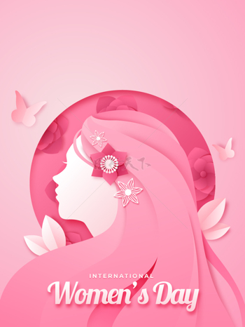 妇女节剪纸风粉色女性插画素材