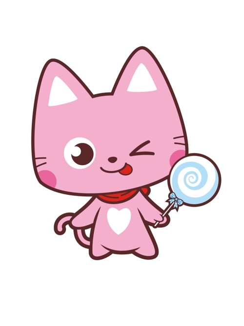 卡通可爱粉色小猫拿棒棒糖