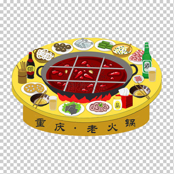 手绘重庆老火锅黄色圆桌九宫格火锅配菜喝酒免抠美食