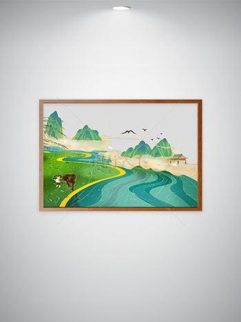 青山绿水云雾缭绕乡村景色插画