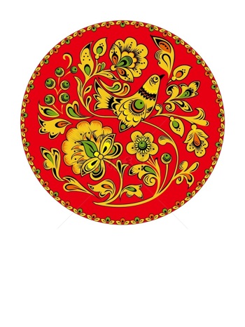 传统 欧式俄式 圆形花卉图案背景贴图红底单鸟黄绿枝蔓