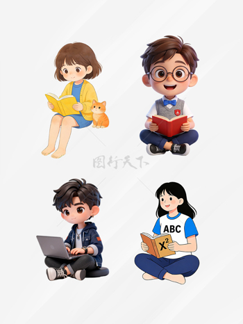 卡通学生读书学习场景插画