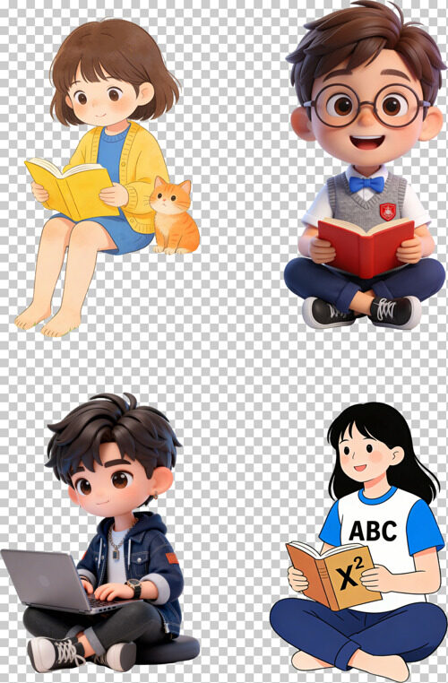 卡通学生读书学习场景插画