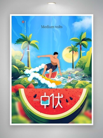 中伏趣味西瓜人物插画夏日海报设计