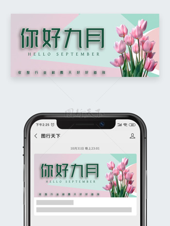 简约文艺粉色郁金香插画你好九月公众号头图